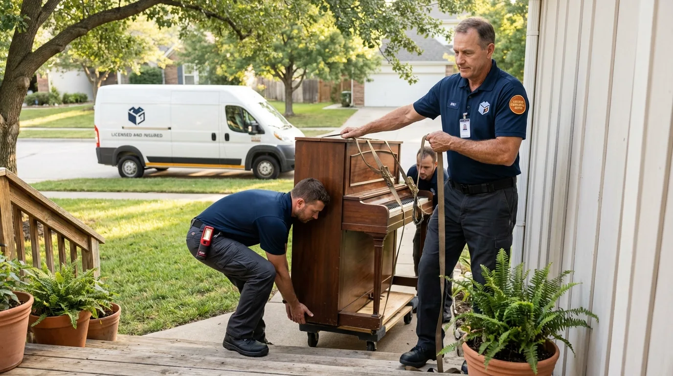 Licensed piano movers securing grand piano in Boaz, AL