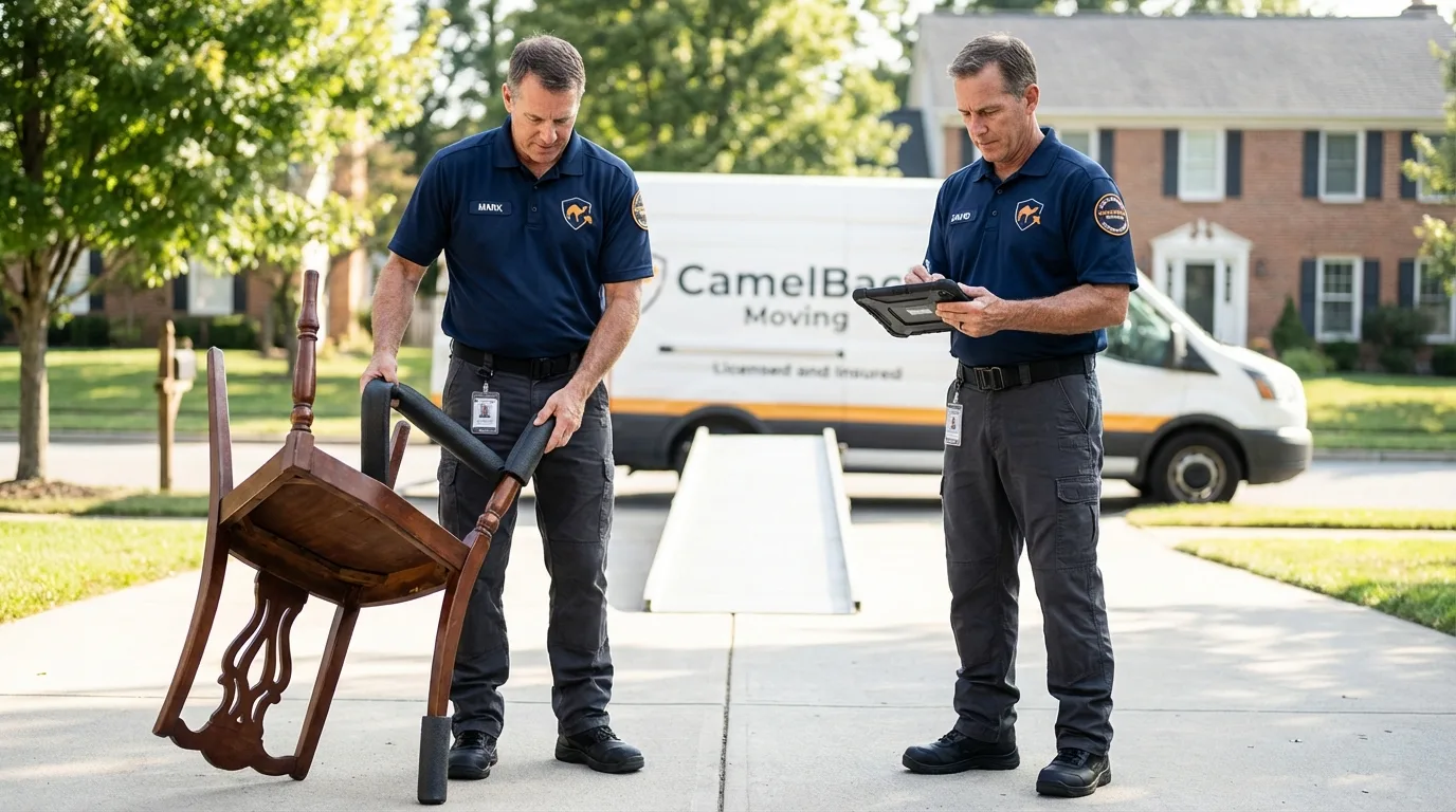 Movers inspecting furniture for damage prevention before loading in Boaz, AL