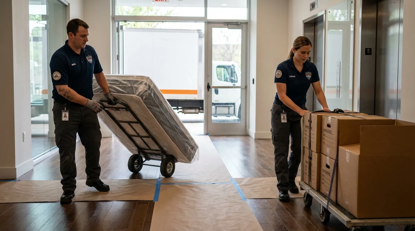 Professional apartment movers loading elevator in Boaz, AL